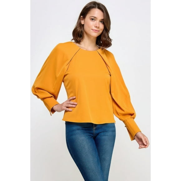 Saronite Top Casual Básico, de Manga Larga Raglán, con Cuello Redondo y Lazo en la Espalda, Color Mostaza (para Mujer)