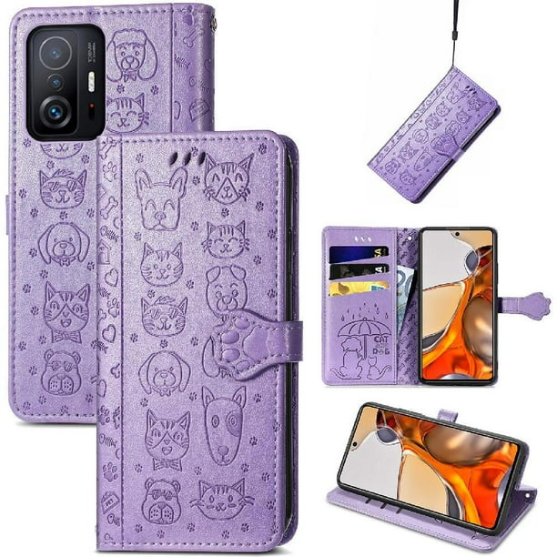 Funda Cartera FOXDOCK para XIAOMI 11T , Flip PU con Relieve de Gatos y Perros, Tarjetero y Soporte