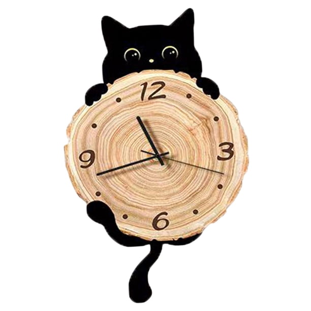 Reloj de pared con forma de gato, adorno decorativo con números arábigos grandes, decoración de pared, reloj colgante para escuela, aula, dormitorio, 42 cm con Onda