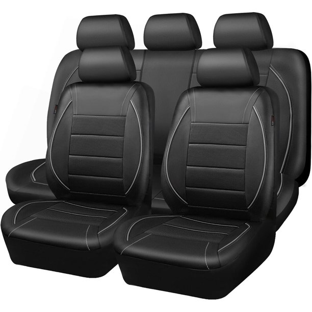CAR PASS Universal Reflect Piping Leather Car Seat Cover, Full Set, Black/Grey