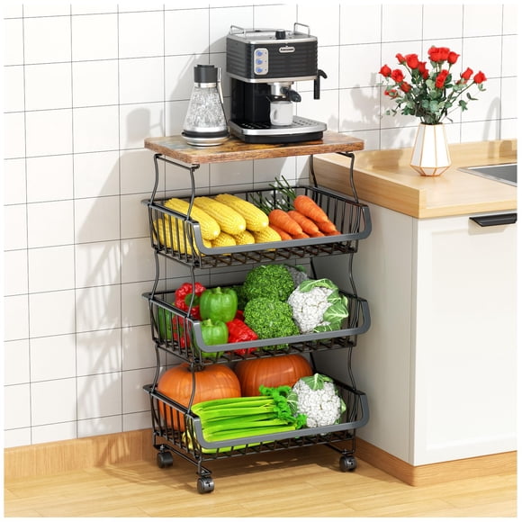 Cesta para frutas y verduras Gsiekare de 4 niveles, apilable con ruedas