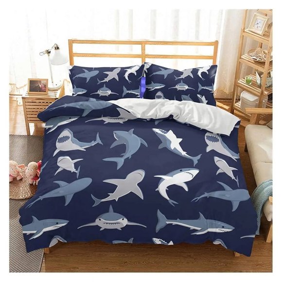 x755 Bed SheetsBlue and White Cartoon Shark Fish Print Kids Duvet Cover Boys Girls Luxury Room Decoration for Children Teens Gift Size 3-Piece Bedding Set (1 Duvet Cover + 2 Pillow Shams) nj755