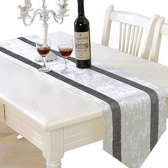 Caminero de Mesa Jiino 33 × 250 cm Terciopelo con Lentejuelas Blanco Crema