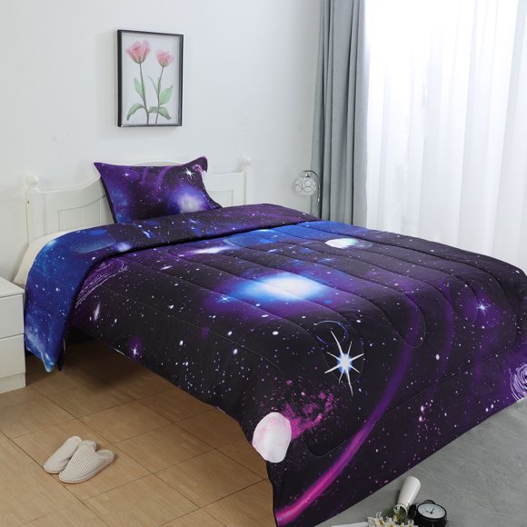 REGALWOVEN Juego de Edredón de 2 Piezas Galaxias de Poliéster para Todas las Estaciones con Funda de Almohada, Púrpura Twin