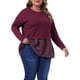 thumbnail image 4 of Agnes Orinda Conjuntos de Halloween para Mujeres Blusa Básica Casual de Talla Grande con Cuello Redondo, Manga Larga, Peplum de Retazos y Cuadros 4X Burdeos, 4 of 6