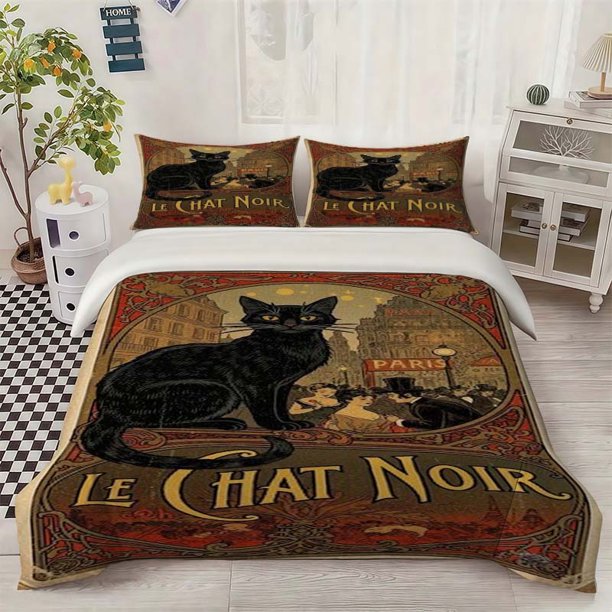Black Cat Poster Print Bedding Set Soft and Comfortable for All Seasons