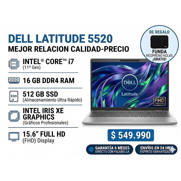 Notebook Reacondicionado Dell Latitude 5520 Intel Core i7 11va Gen 16GB RAM 512GB SSD Win11 Pro Garantia 6 Meses