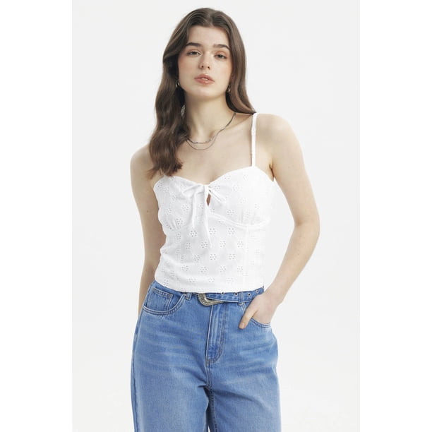 Polera Mujer Tirantes Crop Lazo En Escote Blanco