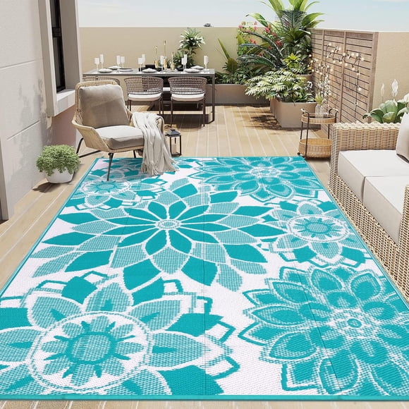 Tapete exterior reversible de paja plástica LOKHOM 150 x 240 cm color verde azulado