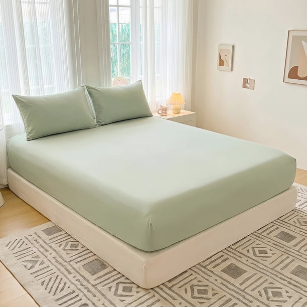 REGALWOVEN Sábana Ajustable, Sábanas de Algodón, Frescas y Suaves para Comodidad en Todas las Estaciones y Sueño Transpirable Verde 1 PC 59.8x79.9 pulgadas