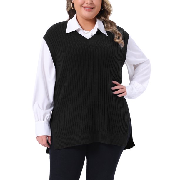 Agnes Orinda Conjuntos de Halloween para Mujeres Tallas Grandes Chaleco de Suéter de Punto Acanalado Cuello en V Sin Mangas Dobladillo Dividido Casual Jersey Sin Mangas 3X Negro