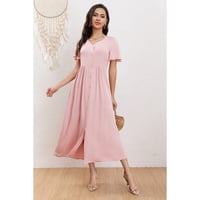 Likeshop - Vestido Largo Mujer Manga Corta Primavera Botones Cuello V 3340