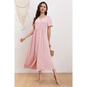 Likeshop - Vestido Largo Mujer Manga Corta Primavera Botones Cuello V 3340