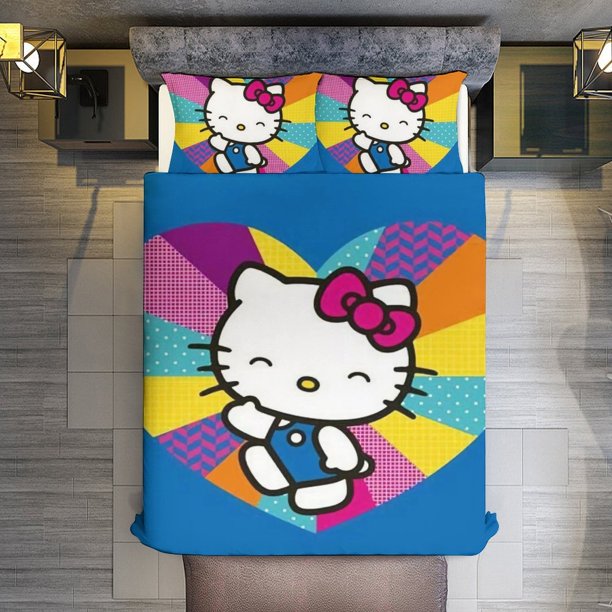Hello Kitty Colorful Heart1 3 Pieces Duvet Cover Set Full Size Super Soft Fade Resistant Microfiber