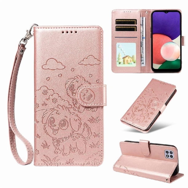 Funda Cartera para Samsung Galaxy A22 5G Perro Cachorro Grabado con Tarjetas Soporte Correa Rosa