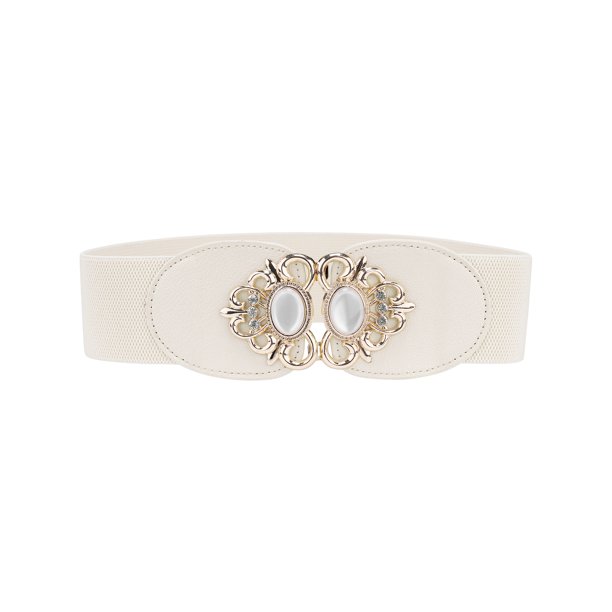 INSPIRE CHIC Cinturones Elásticos de 2.36" de Ancho para Dama, Cinturón de Cuero Sintético con Opalo y Piedras de Imitación Incrustadas para Vestido 66 cm/26" Beige