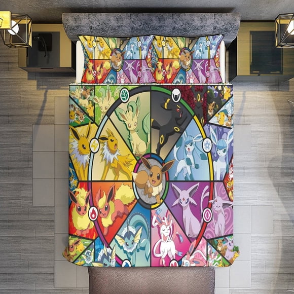 Comforter Set Queen Size Pokmon - Eevee's Stained Glass Set with 2 Pillowcases for All SeasonsBedding Set 3pcs for Kids Boys Girls Bedroom Decor Bed Sheets