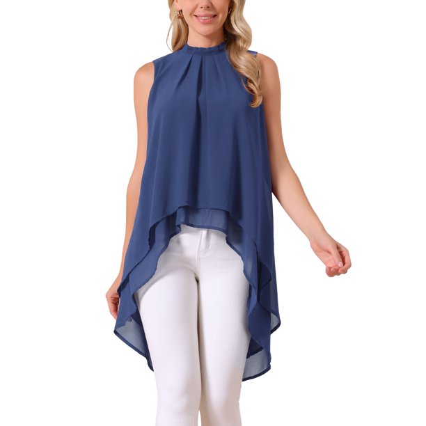 INSPIRE CHIC Blusas de Mujer de Gasa Cuello Simulado Sin Mangas Lazo en la Espalda Dobladillo Alto Bajo Camisa de Verano Azul Oscuro M