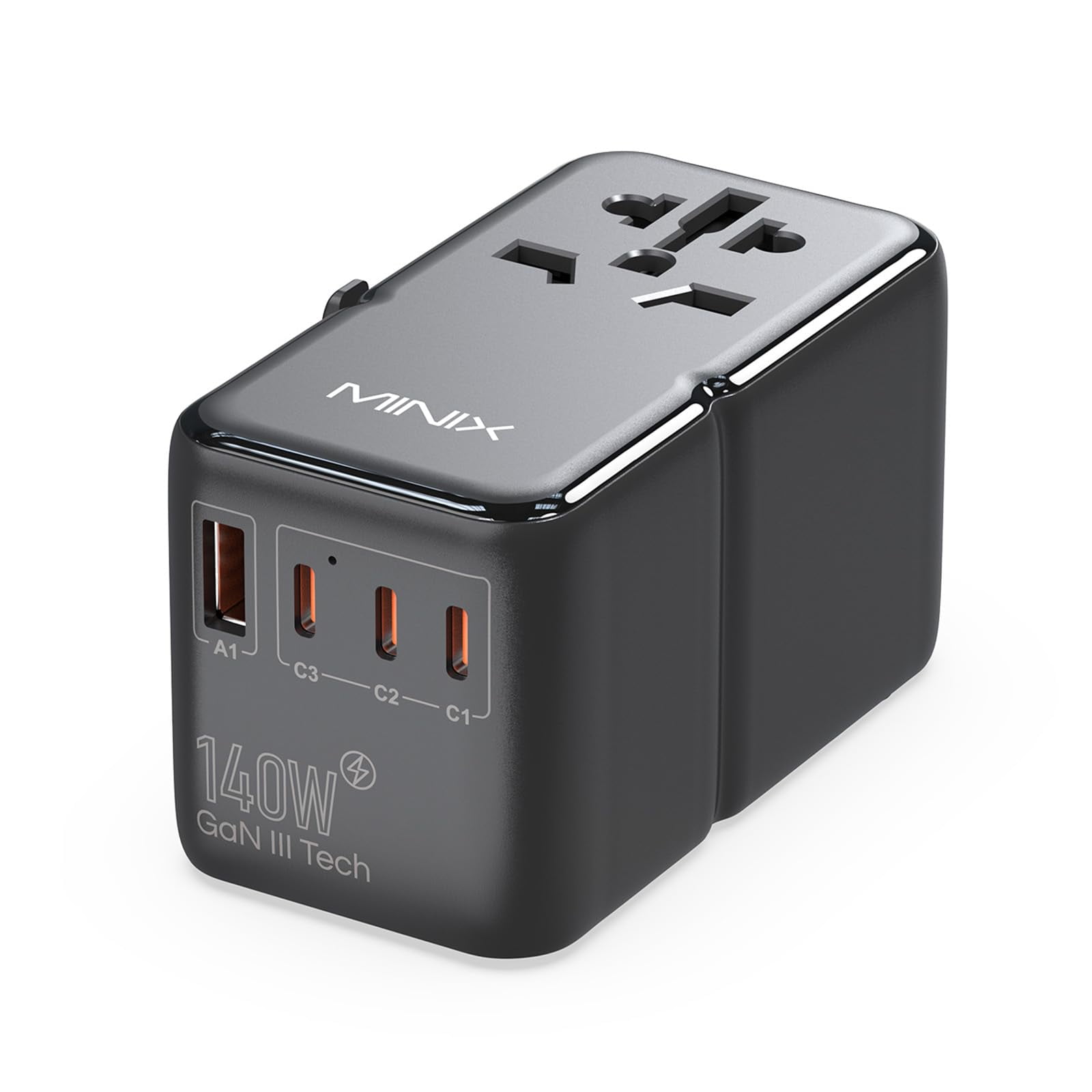 Adaptador De Viaje Minix Tp140 140w Gan Iii 4 Usb-c 1 Usb-a