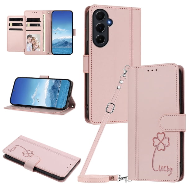 Funda Cartera Trébol para Samsung Galaxy A55 5G con Ranuras Tarjetas y Carga Inalámbrica Rosa