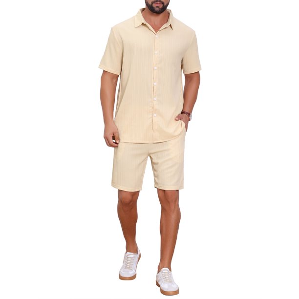 INSPIRE CHIC Conjuntos de 2 Piezas para Hombre Camisa de Manga Corta de Playa y Pantalones Cortos Conjuntos Texturizados a Rayas S Beige