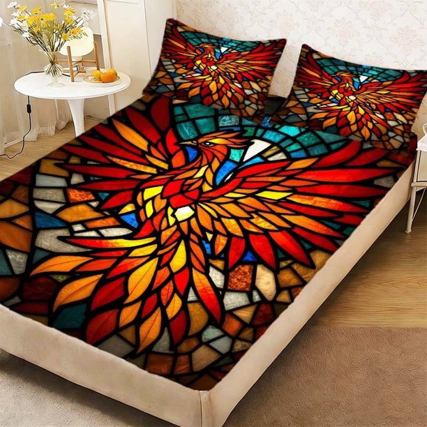 Phoenix Color Window Duvet Cover Set - Pattern Print Fitted Sheet Set a Must-Have for Home and Guest Rooms Deep Pocket Keeps Sheet Securely in Place Soft and Br