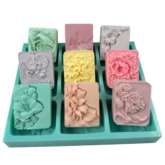 Molde de silicona para jabón I-BEST de 9 cavidades hexagonales con flores, 7 cm