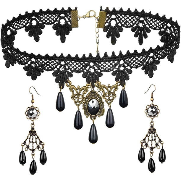 Conjunto de collar y pendientes de encaje negro - Gargantilla con colgante de lolita gótica, accesorio para bodas, cumpleaños y Navidad.