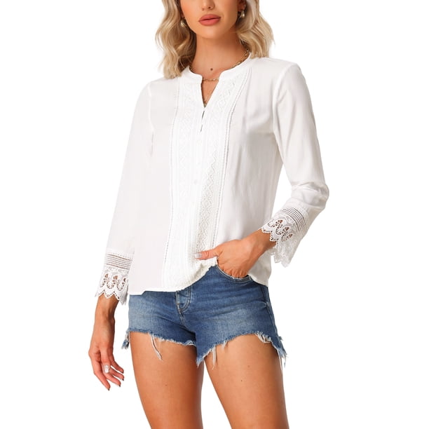 INSPIRE CHIC Blusas de Encaje de Crochet con Botonadura Parcial y Manga Larga para Mujer
