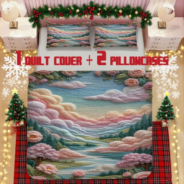 Embroidered Natural Landscape Bedding Set Polyester Fabric Digital Print Zipper Closure