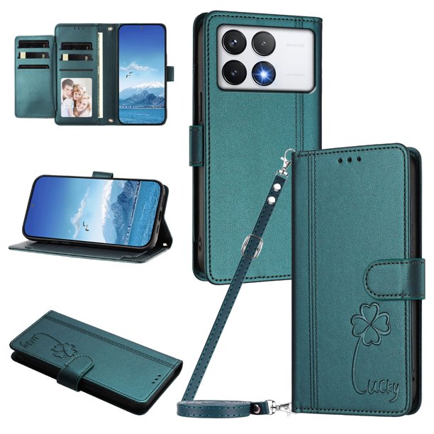 Funda Cartera Trébol para Xiaomi Poco F6 Pro con Ranuras Tarjetas y Carga Inalámbrica Verde oscuro