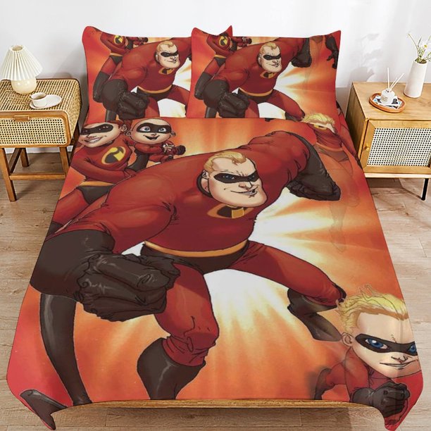 The Incredibles Cartoon Bedding Sets Ultra Soft Skin-Friendly Duvet Cover 3 Piece, Cute Comforter Cover Bed Set for Boys Girls Kids