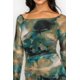 thumbnail image 4 of Vestido De Malla De Manga Larga Con Hombros Descubiertos Estampado Floral Y Detalles Fruncidos Color Jade bronceado (para Mujer), 4 of 5