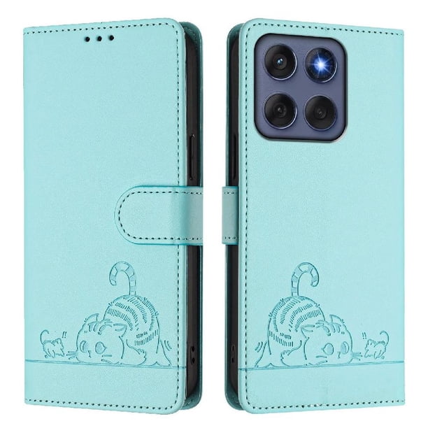 Funda tipo cartera FOXDOCK para Motorola Edge 60 Fusion con soporte, ranuras, RFID, diseño de gato