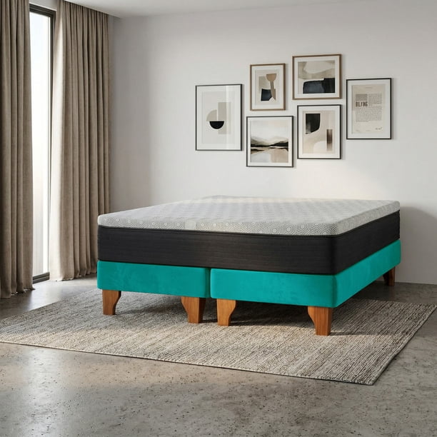 Cama Europea New Top Colchon Resortes 23 Cm 2 Plazas Base Dividida Tela Velvet Turquesa
