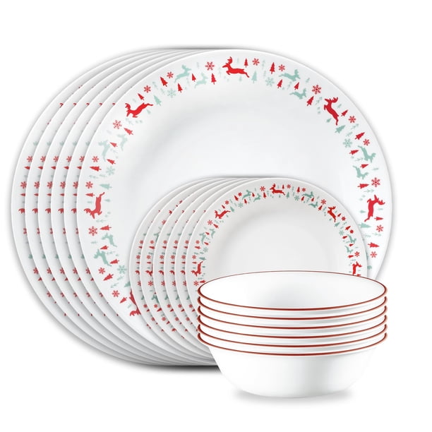 Corelle Vitrelle Juego de 18 Piezas Navideño para 6 Personas, Vidrio de Triple Capa y Resistente a Astilladuras, Platos y Tazones Redondos Ligeros, ¡Felices Fiestas!