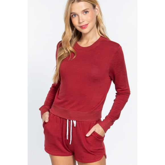 Saronite Top Básico de Rizo de Manga Larga con Cuello Redondo, Rojo Vintage (para Mujer)