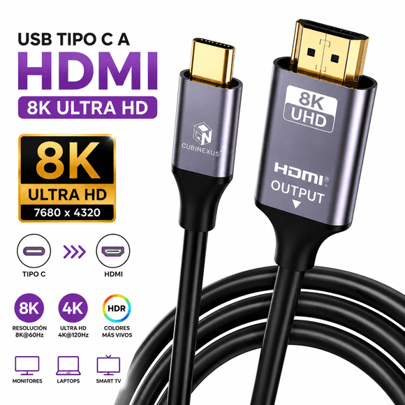 Cable Adaptador USB Tipo C A HDMI 8K Ultra HD 1.8m Compatible Notebook Tablet Monitor TV Proyector