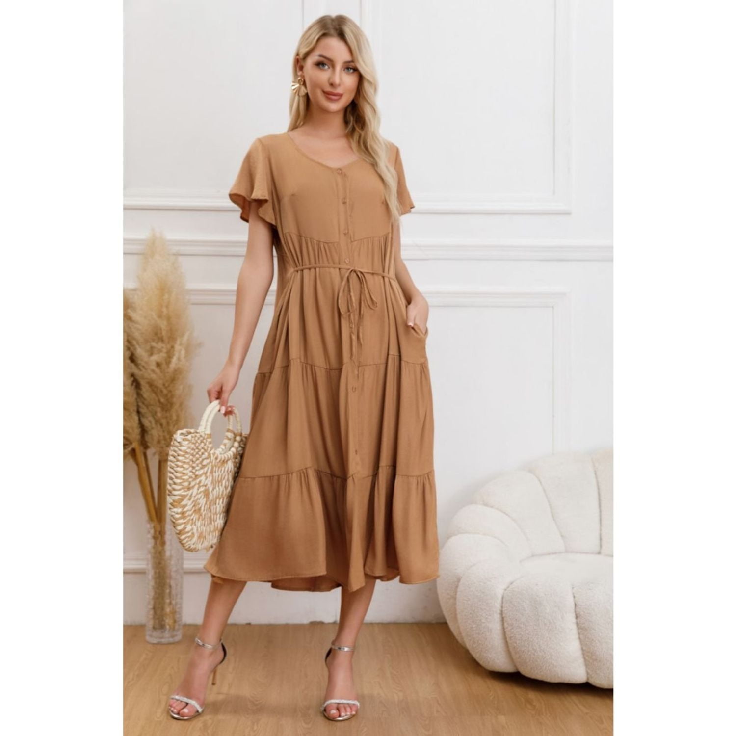 Likeshop - Vestido Largo Mujer Primavera Casual Manga Corta Escalonado 329