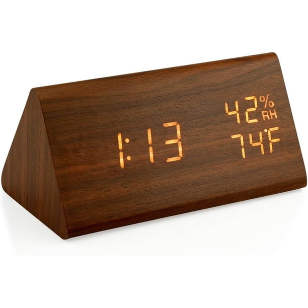 Reloj despertador digital de madera, reloj de escritorio LED digital de madera, actualizado con temperatura y tiempo, brillo ajustable y control de voz, visualización de humedad$Reloj despertador digi