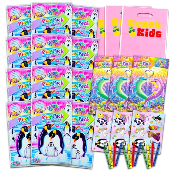 Souvenirs para fiesta Lisa Frank: 12 sets con stickers y crayones para colorear