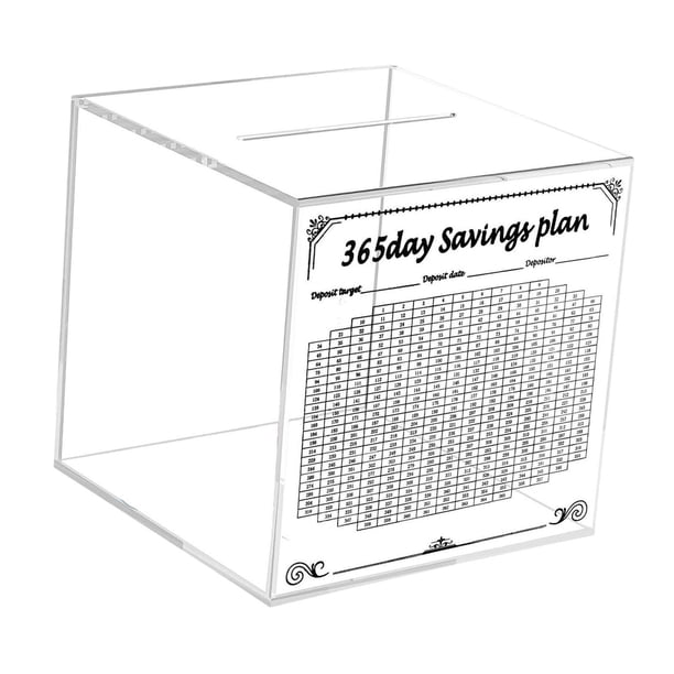 Acrílico Clear Piggy Bank con plan de ahorro de 365 días, frasco de ahorro de dinero transparente resistente, elegante y práctico para niños y adultos 15x15x15cm