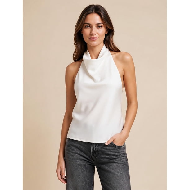 Blusa Top Halter De Satín Espalda Descubierta Elegante Mujer blanco Talla Única