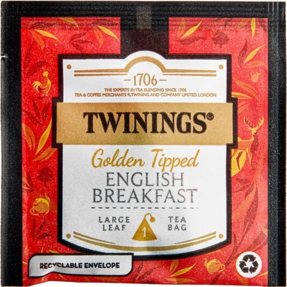 30 bolsas piramidales para desayuno inglés con punta dorada de la colección Discovery de Tea Twining