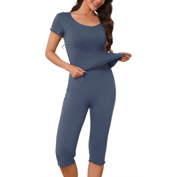 INSPIRE CHIC Conjunto de Pijama Capri para Mujer con Volantes, Manga Corta, Cuello en U, Pantalones Recortados, Ropa de Casa Refrescante para Verano, Talla S, Azul