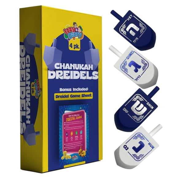 Trompos de Janucá Izzy 'n' Dizzy Pack de 4, 32 mm, Azul/Blanco