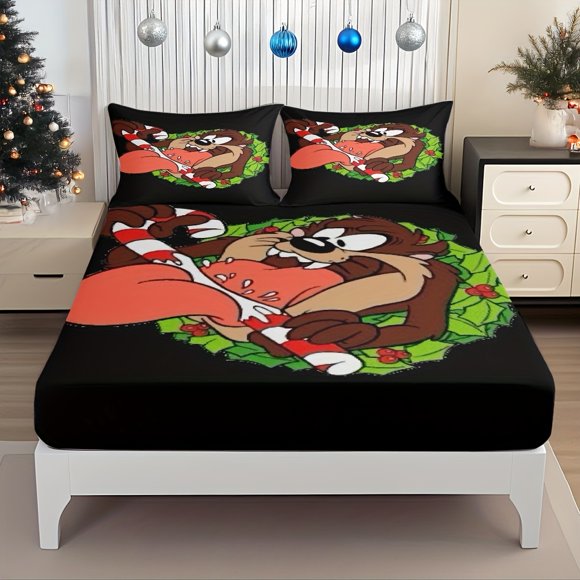 Officially Licensed Warner Bros Store Bed Cover Set Featuring a Festive Design of The Tasmanian Devil And Christmas Candy Canes The Elastic Sheet Fits Perfectly