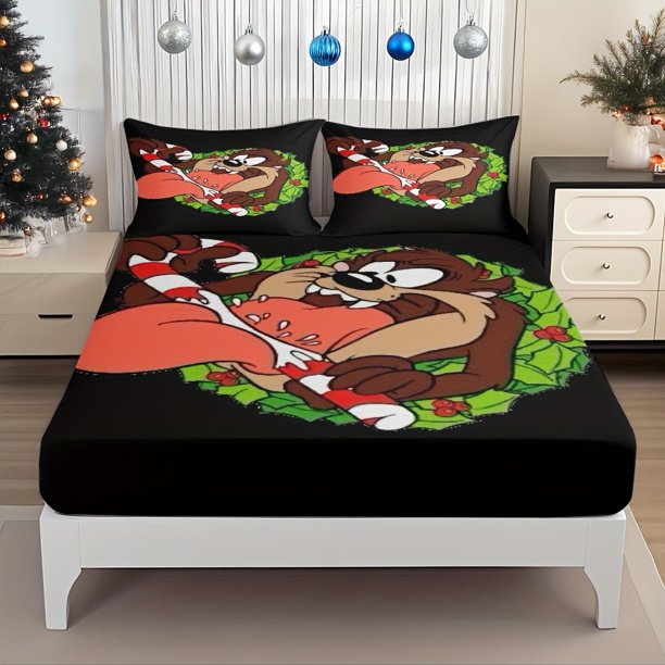 Officially Licensed Warner Bros Store Bed Cover Set Featuring a Festive Design of The Tasmanian Devil And Christmas Candy Canes The Elastic Sheet Fits Perfectly