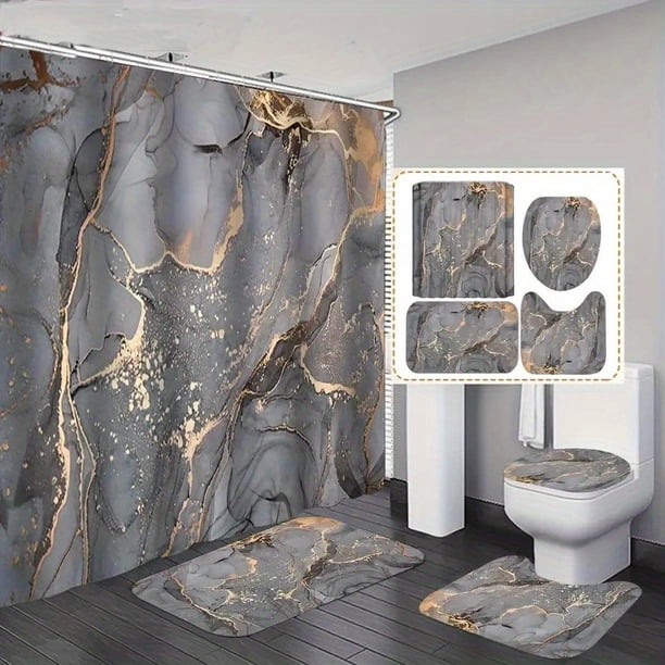 1pc Golden Crackle Marble Bath Rug Set with Anti-Slip Mat and Shower Curtain - U-Shaped Toilet Mat and Cover - Luxurious Bathroom Accessories and Decor