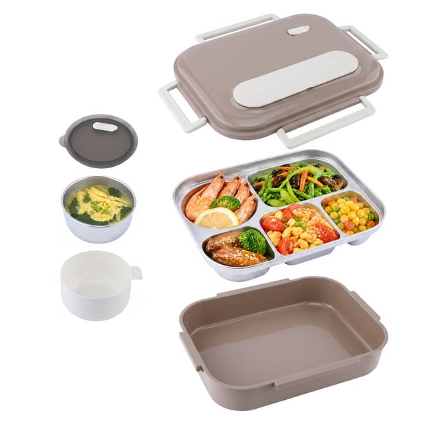 REGALWOVEN Caja Bento para Adultos, Contenedor de Preparación de Comidas a Prueba de Fugas de 5 Compartimentos con Tazón de Sopa para Trabajo y Viajes, Color Marrón Café